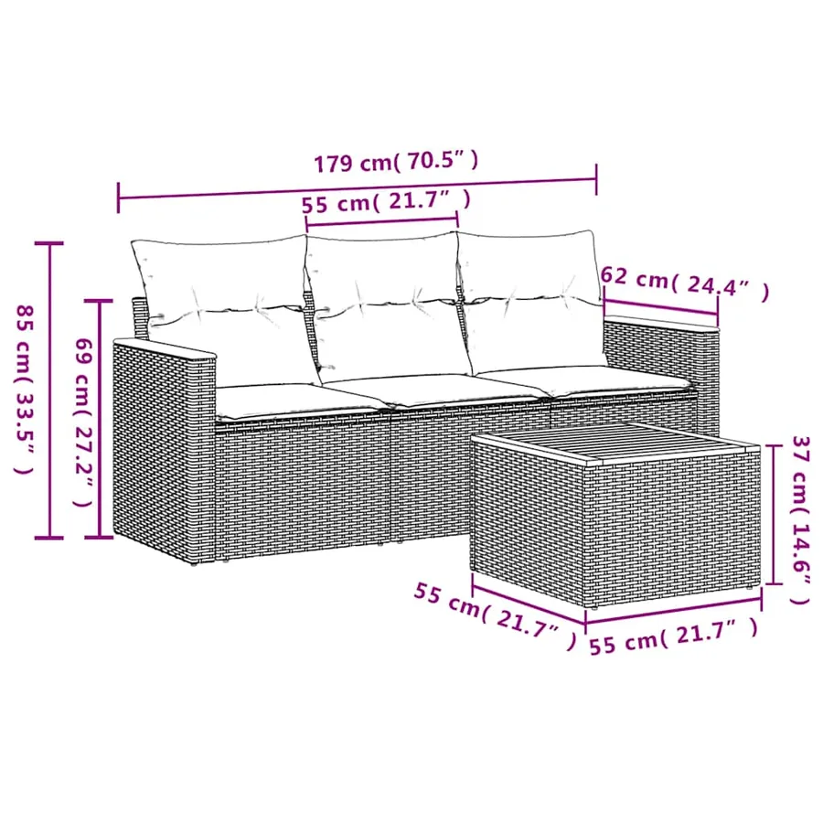 Salon de jardin 4 pcs avec coussins noir résine tressée - 7