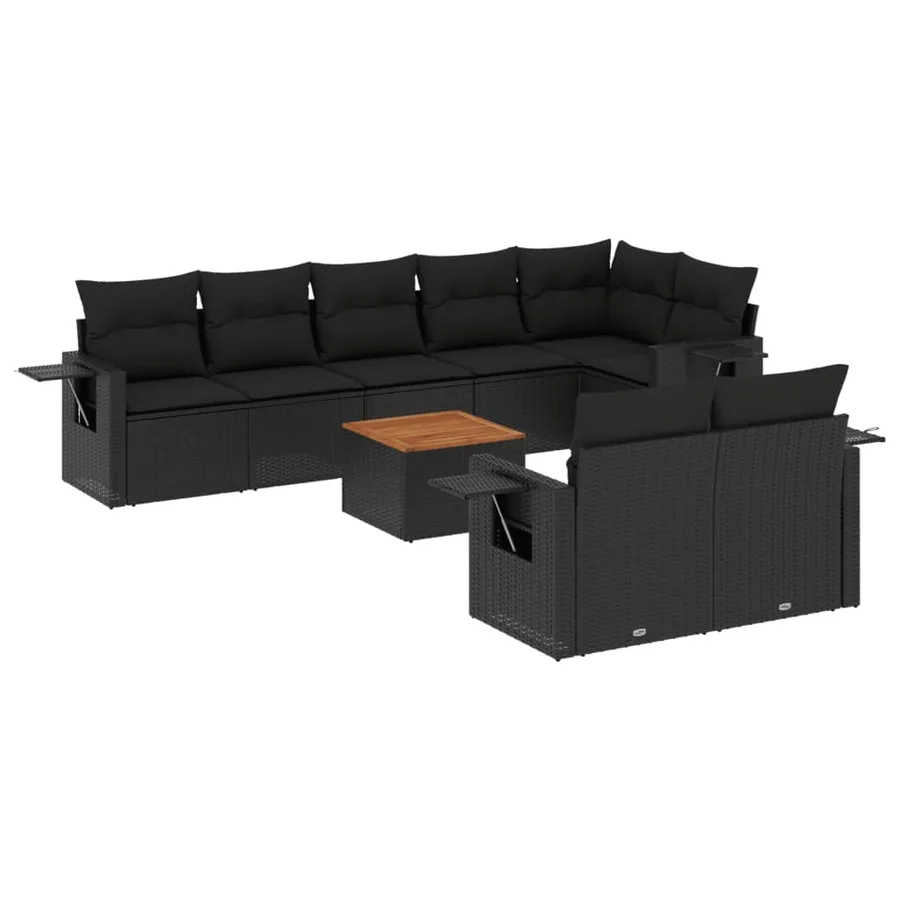 Salon de jardin 9 pcs avec coussins noir résine tressée - 2
