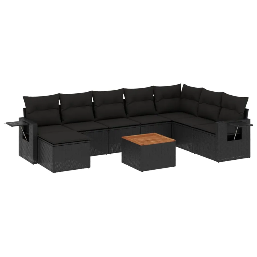 Salon de jardin 9 pcs avec coussins noir résine tressée - 2