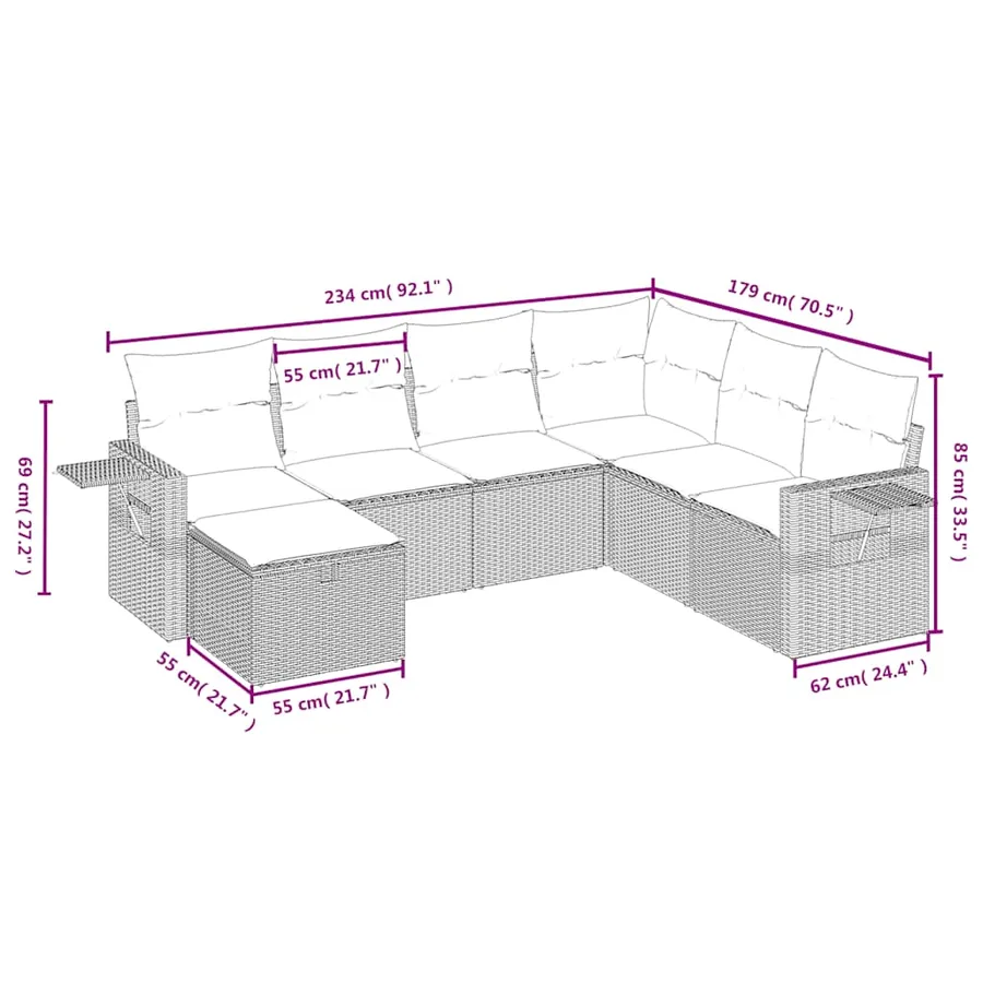 Salon de jardin 7 pcs avec coussins noir résine tressée 62 x 62 x 69 cm - 55,3 kg - 4