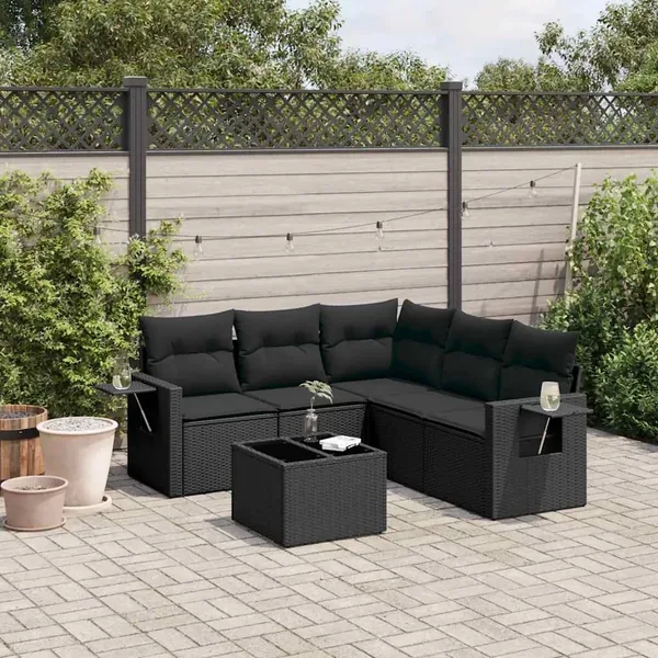 Salon de jardin 6 pcs avec coussins noir résine tressée