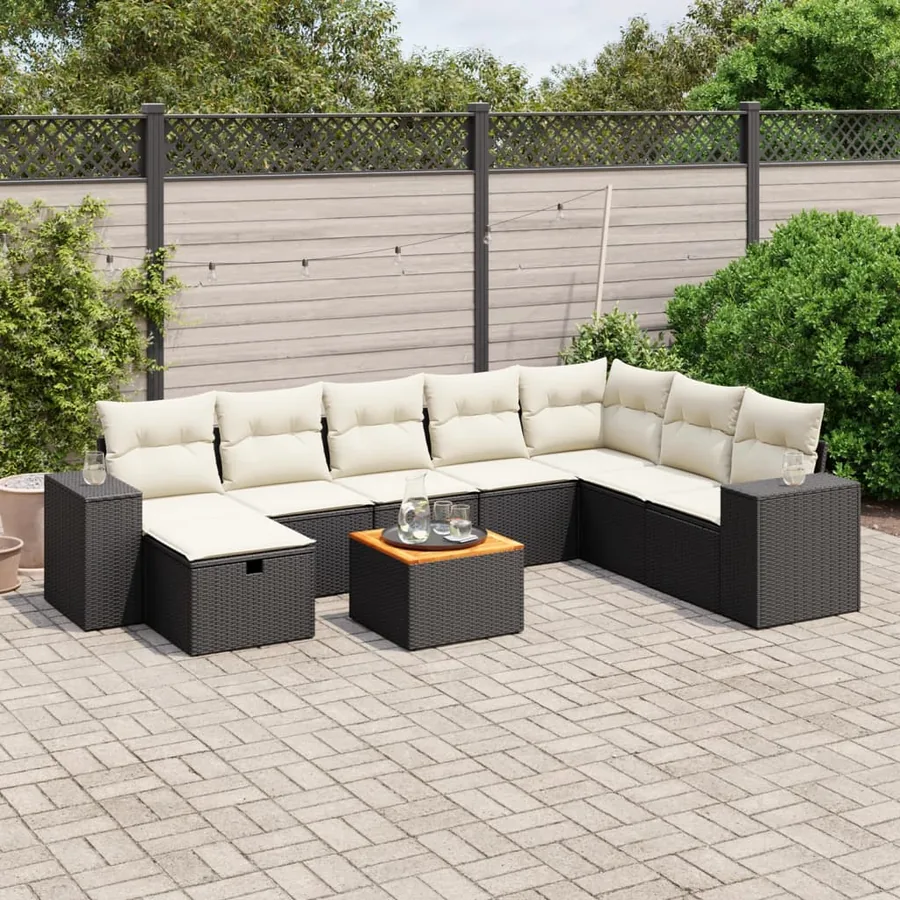 Salon de jardin 9 pcs avec coussins noir résine tressée