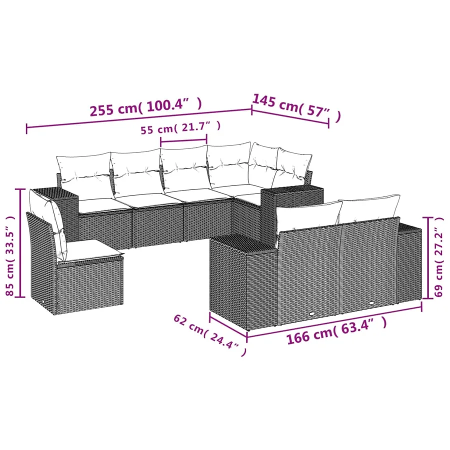 Salon de jardin 8 pcs avec coussins noir résine tressée - 7