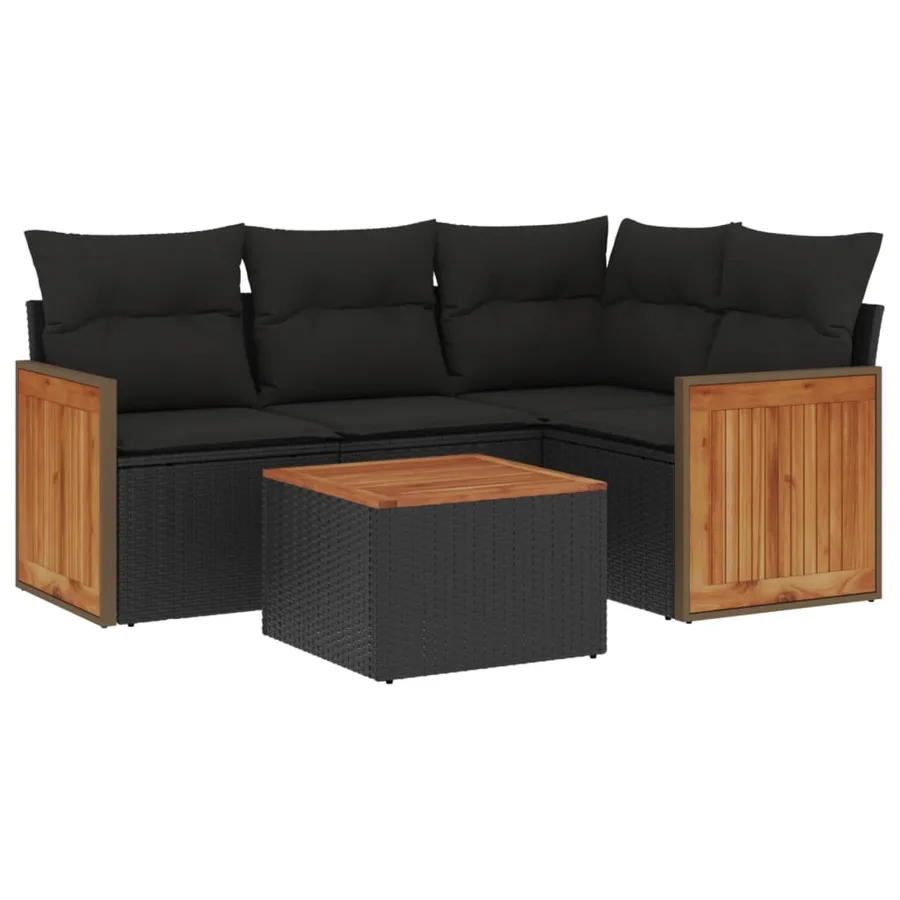 Salon de jardin 5 pcs avec coussins noir résine tressée - 2