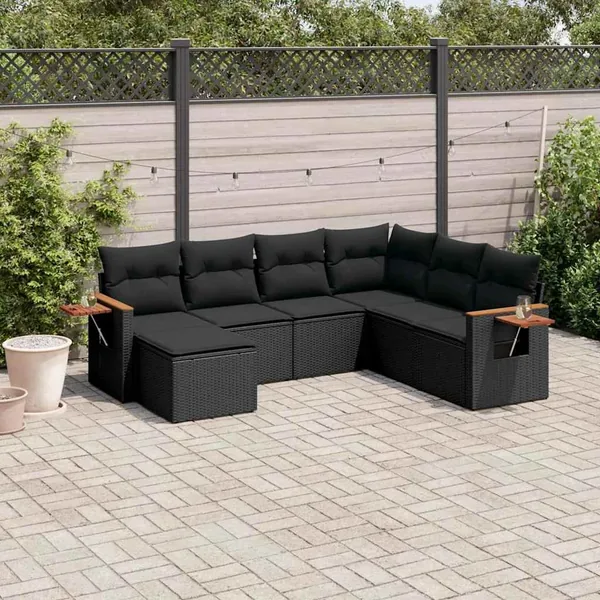 Salon de jardin 7 pcs avec coussins noir résine tressée 62 x 62 x 69 cm - 61,0 kg