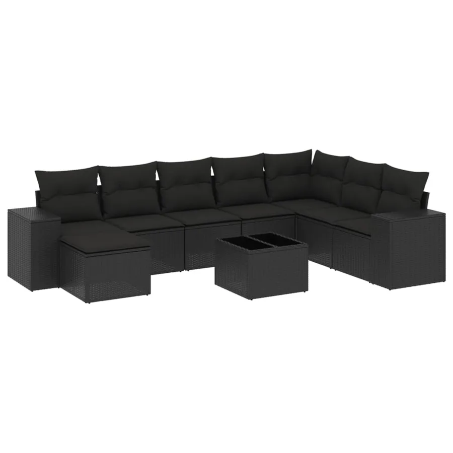 Salon de jardin 9 pcs avec coussins noir résine tressée - 2