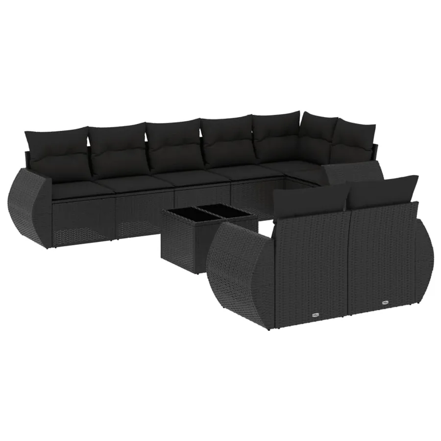 Salon de jardin 9 pcs avec coussins noir résine tressée - 2