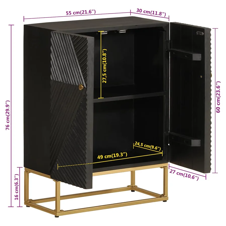Buffet noir 55x30x76 cm bois massif de manguier et fer - 9