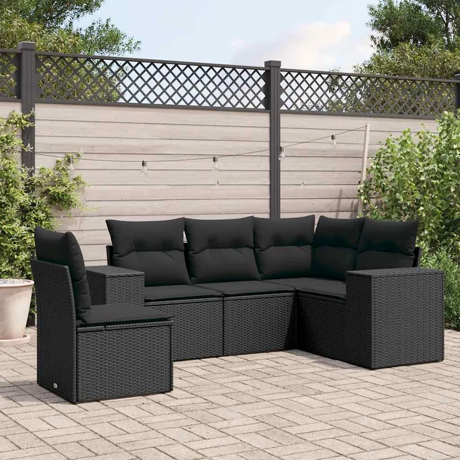 Salon de jardin 5 pcs avec coussins noir résine tressée