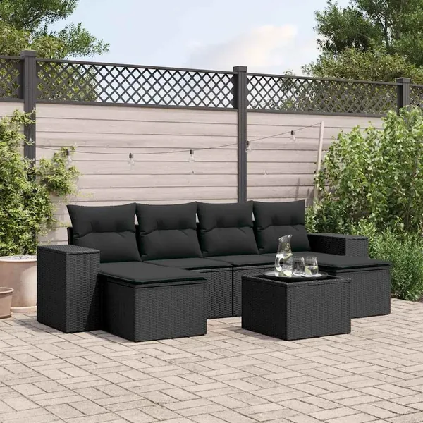 Salon de jardin 7 pcs avec coussins noir résine tressée 55 x 62 x 69 cm - 55,8 kg
