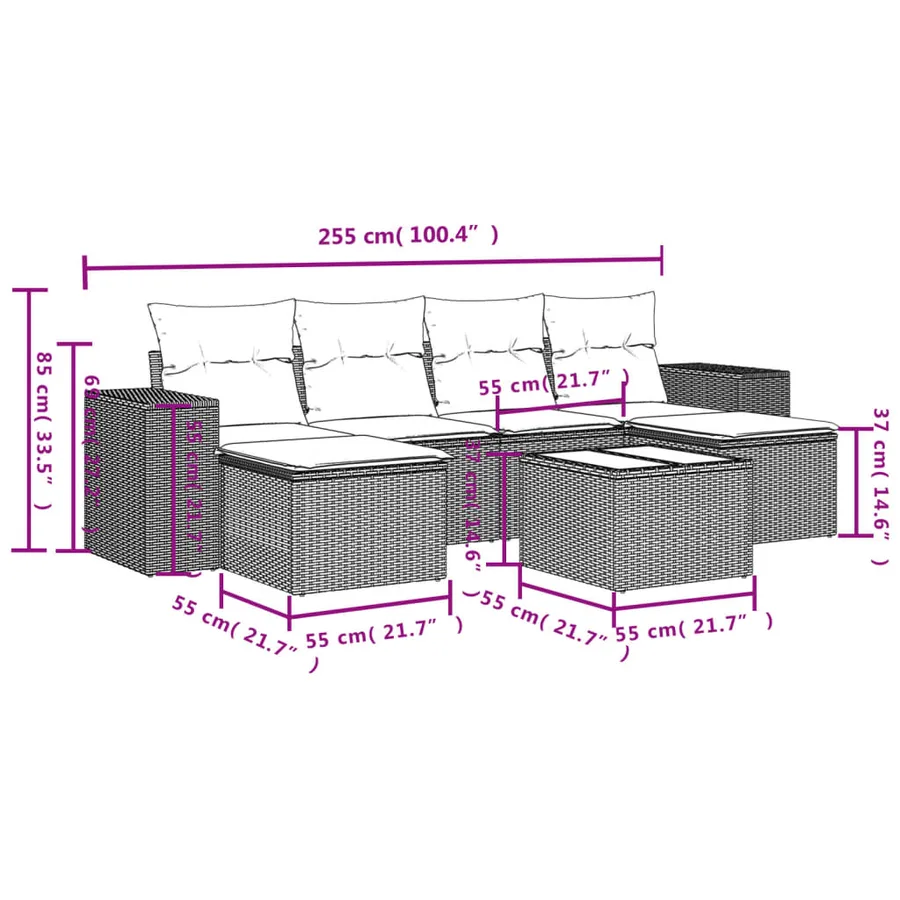 Salon de jardin 7 pcs avec coussins noir résine tressée 55 x 62 x 69 cm - 55,8 kg - 8