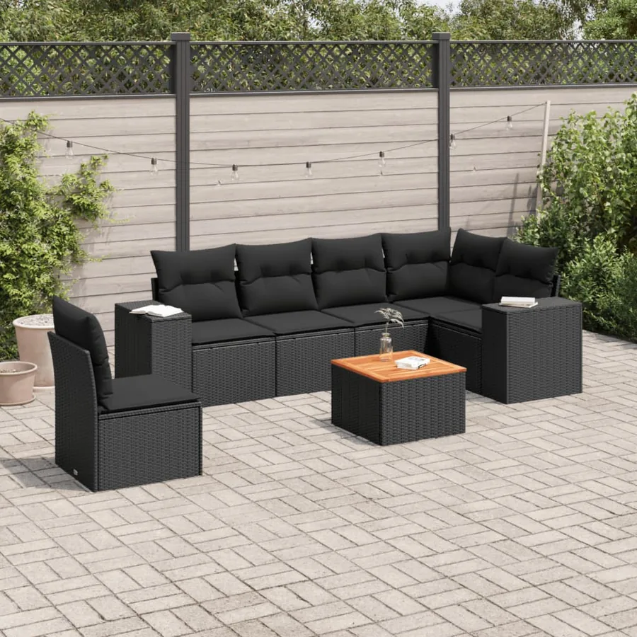 Salon de jardin 7 pcs avec coussins noir résine tressée 62 x 62 x 69 cm - 58,1 kg