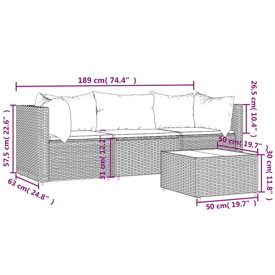 Salon de jardin 4 pcs avec coussins Gris Résine tressée - 11