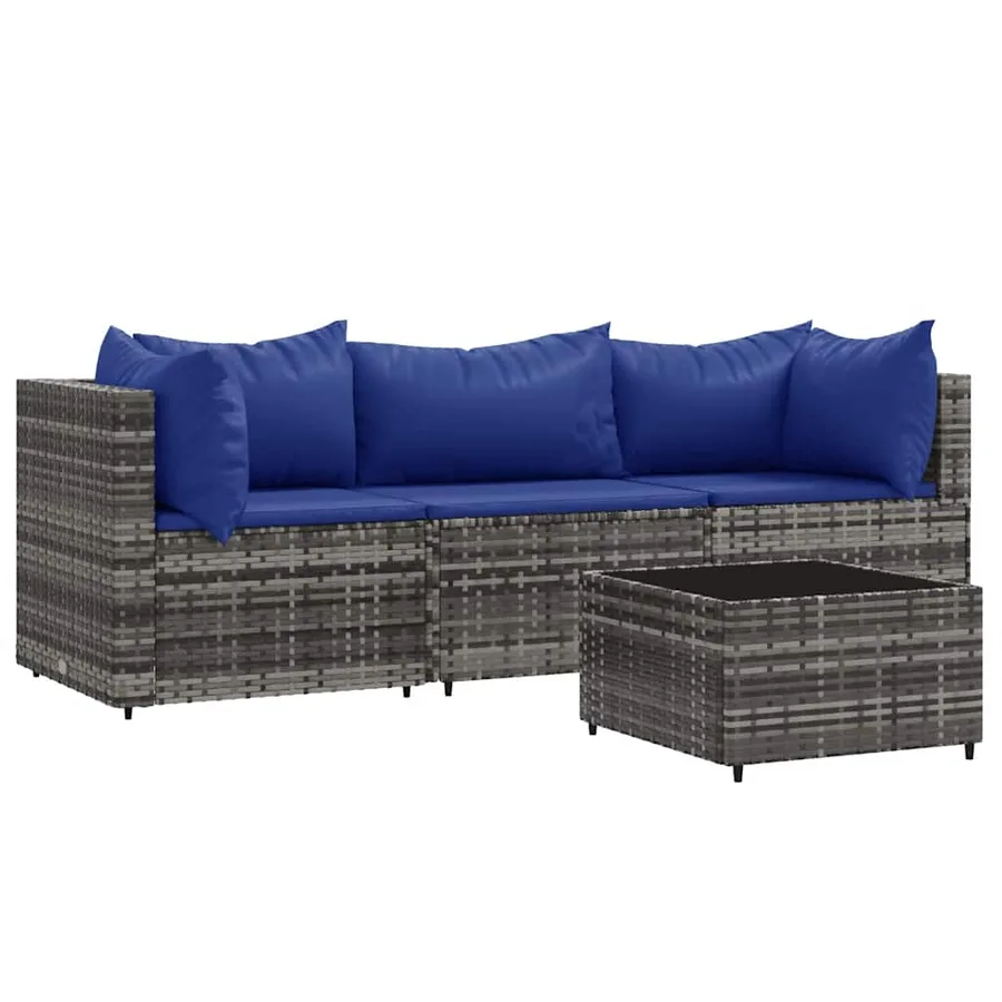 Salon de jardin 4 pcs avec coussins Gris Résine tressée - 2