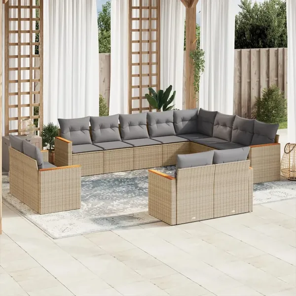 Salon de jardin et coussins 12 pcs mélange beige résine tressée
