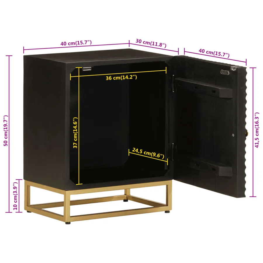 Table de chevet noir 40x30x50 cm bois massif manguier et fer - 9