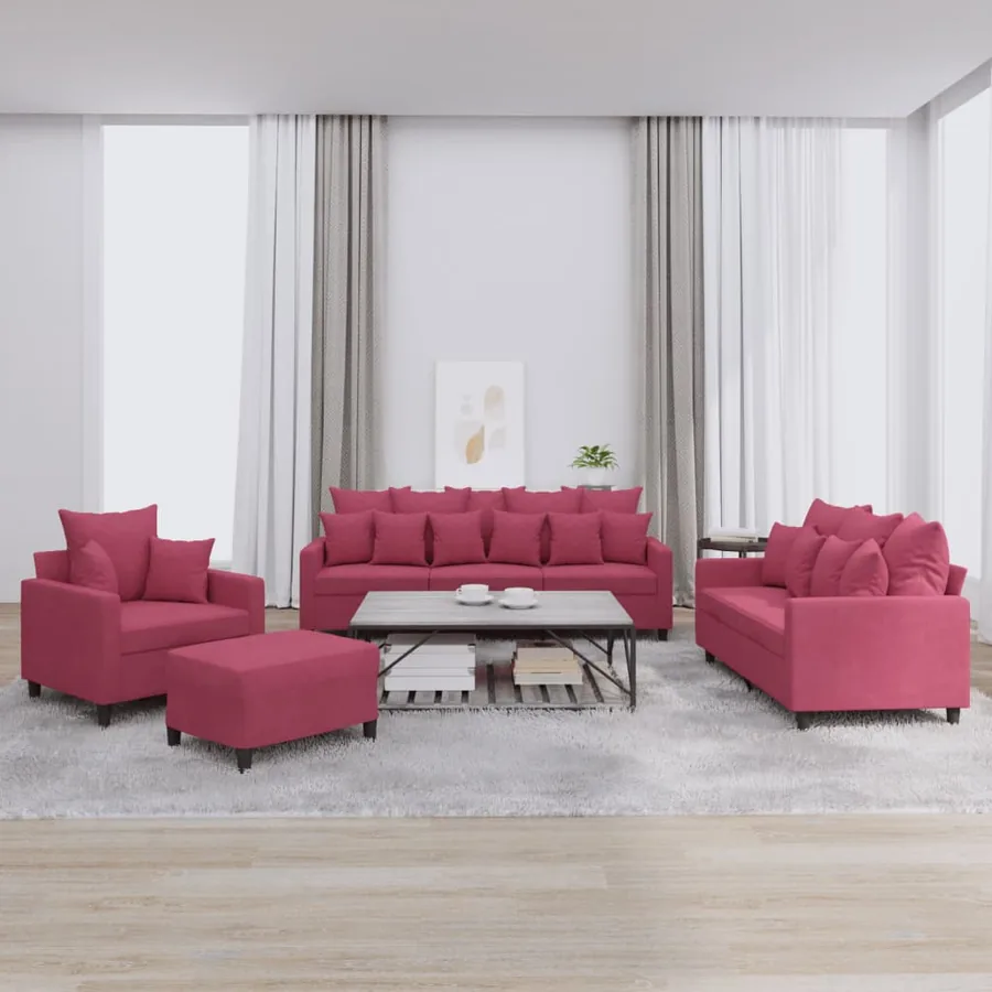 Ensemble de canapés 4 pcs avec coussins Rouge bordeaux Velours