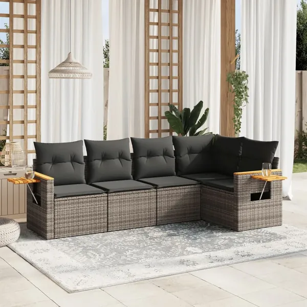 Salon de jardin 5 pcs avec coussins gris résine tressée