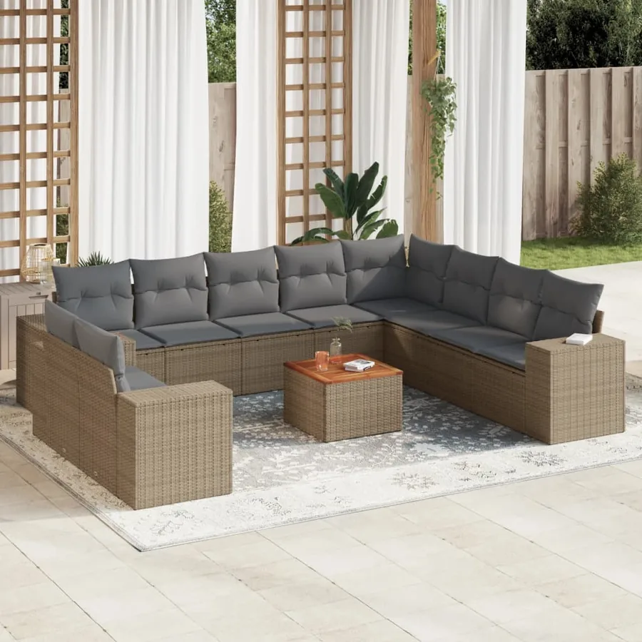 Salon de jardin 11 pcs avec coussins beige résine tressée