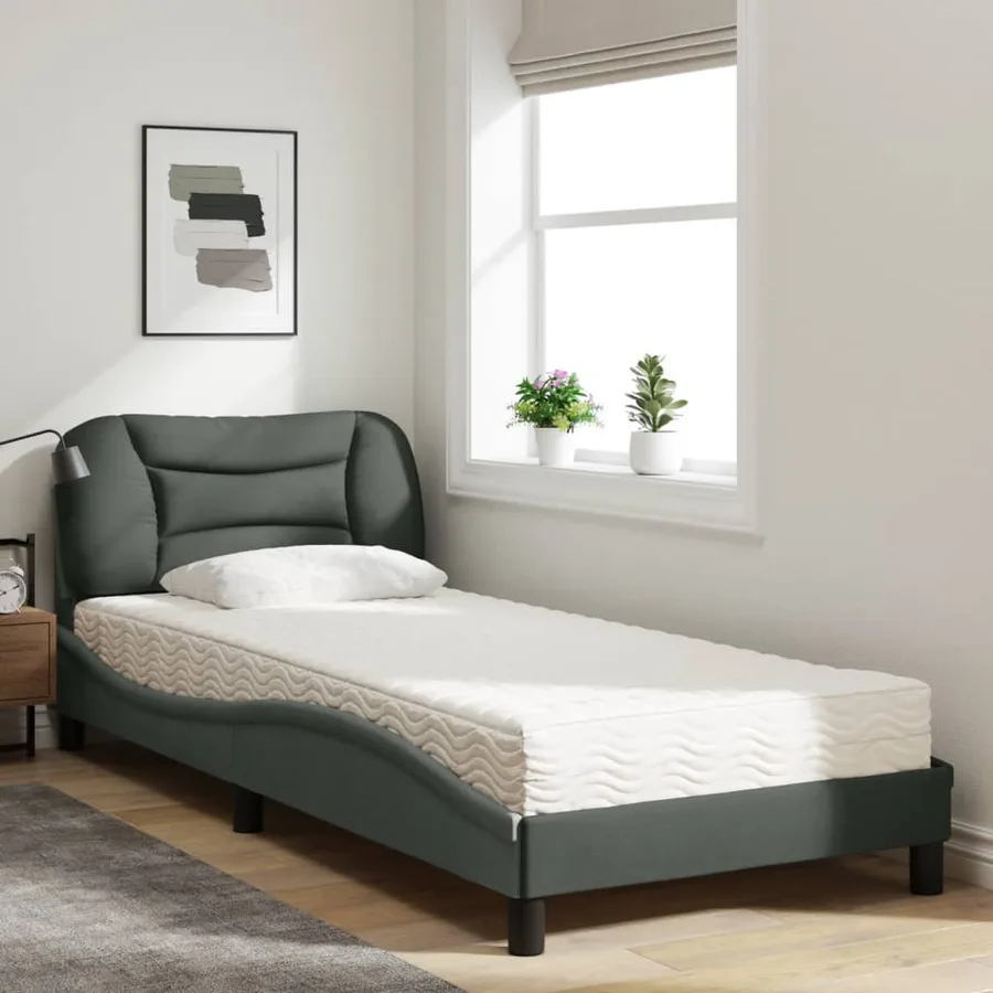 Lit avec matelas Hvar gris foncé 90x200 cm tissu - 3