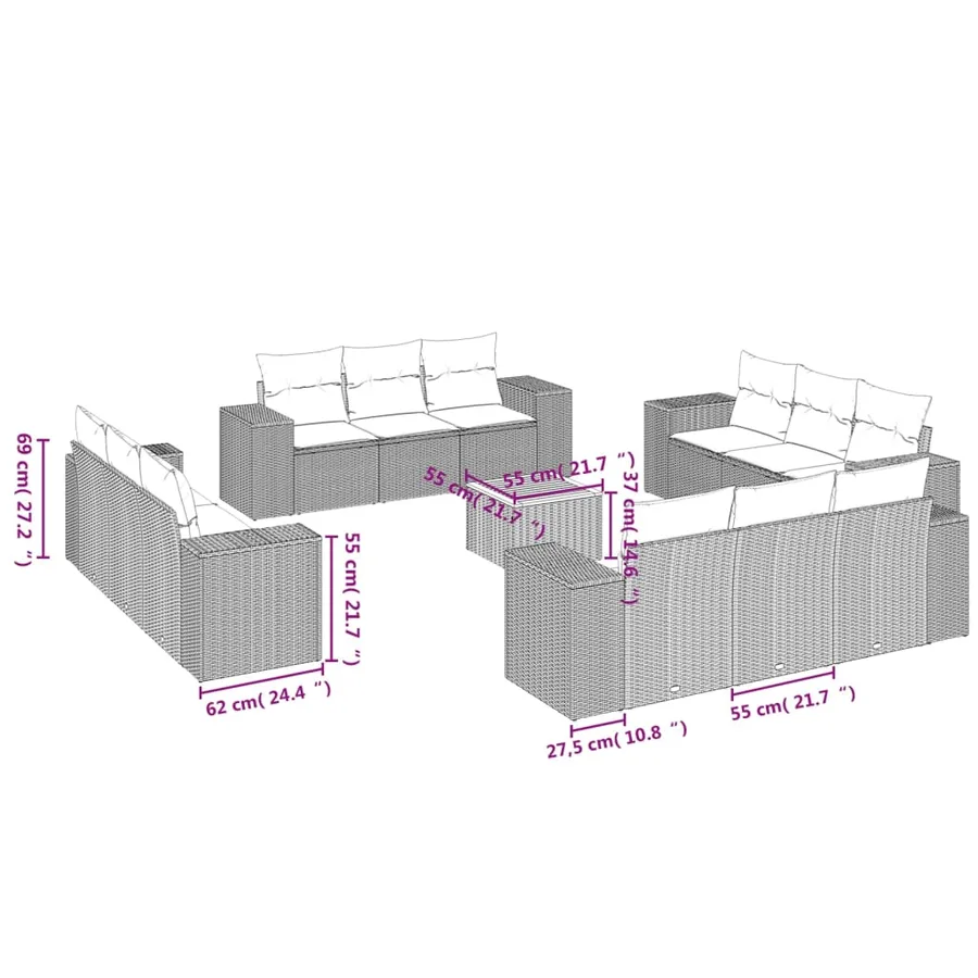 Salon de jardin avec coussins 13 pcs beige résine tressée - 3
