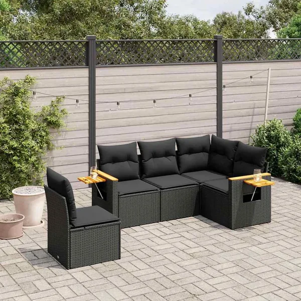 Salon de jardin 5 pcs avec coussins noir résine tressée