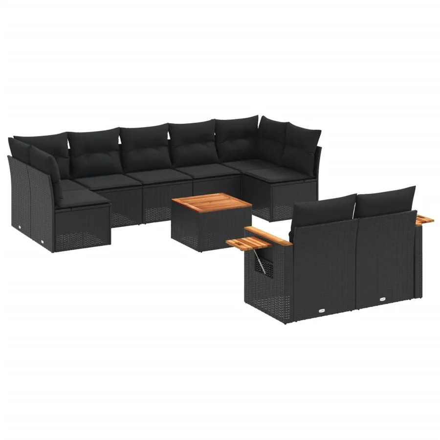 Salon de jardin 10 pcs avec coussins noir résine tressée - 2