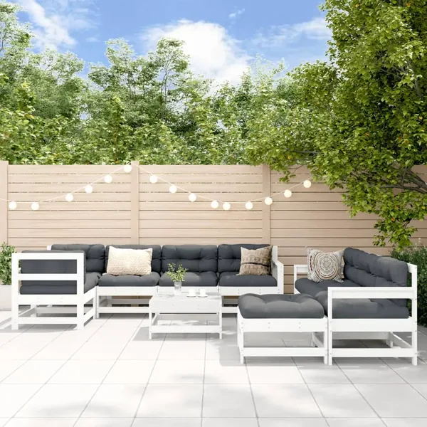 Salon de jardin 10 pcs Blanc Bois de pin massif