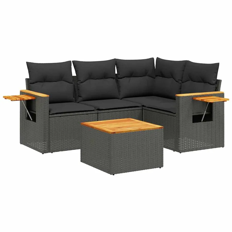 Salon de jardin 5 pcs avec coussins noir résine tressée - 2