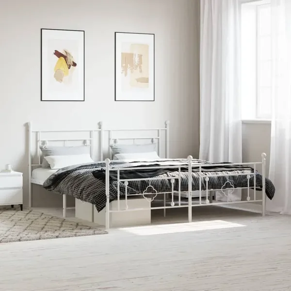 Cadre de lit métal sans matelas et pied de lit blanc 183x213 cm