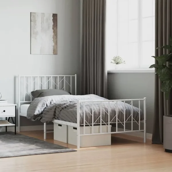 Cadre de lit métal sans matelas et pied de lit blanc 100x190 cm