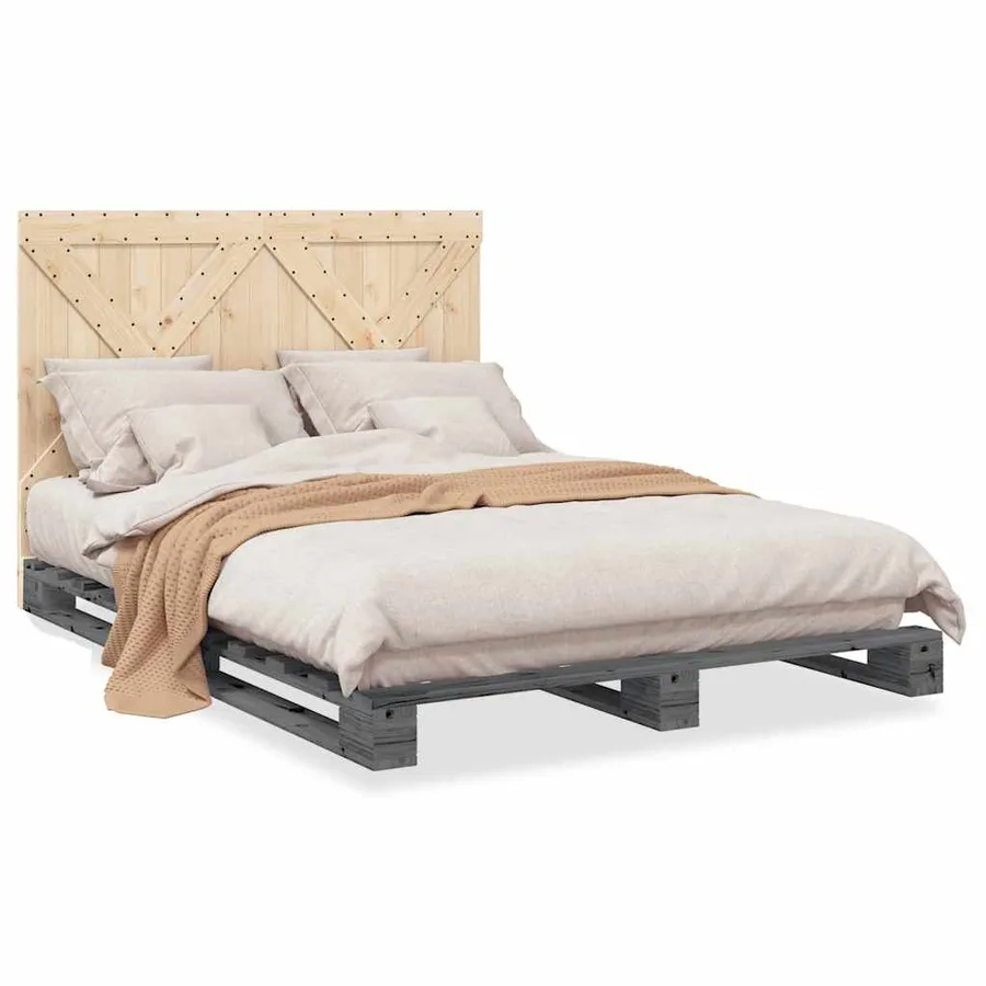 Cadre de lit sans matelas gris 140x200 cm bois massif de pin - 2