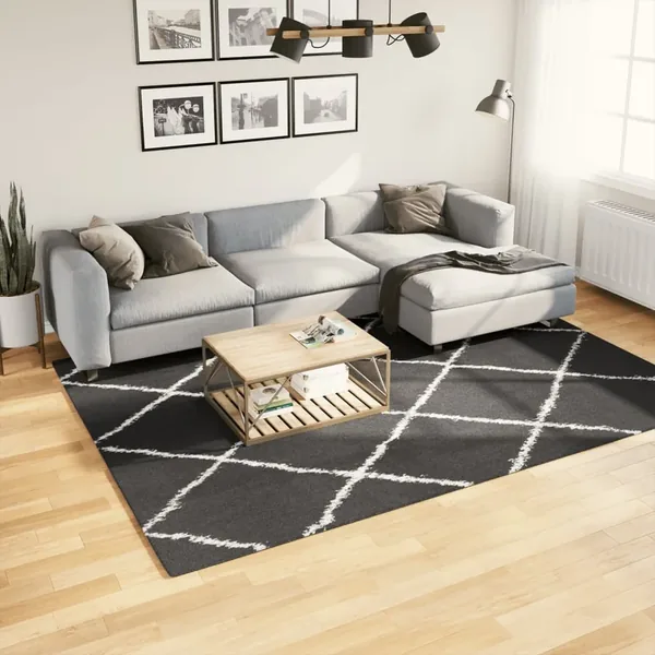 Tapis shaggy à poils longs moderne noir et crème 200x280 cm