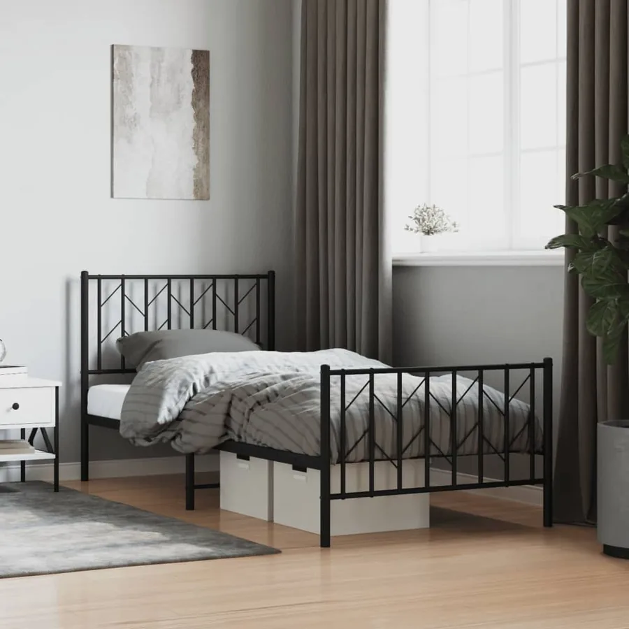 Cadre de lit métal sans matelas avec pied de lit noir 90x190 cm