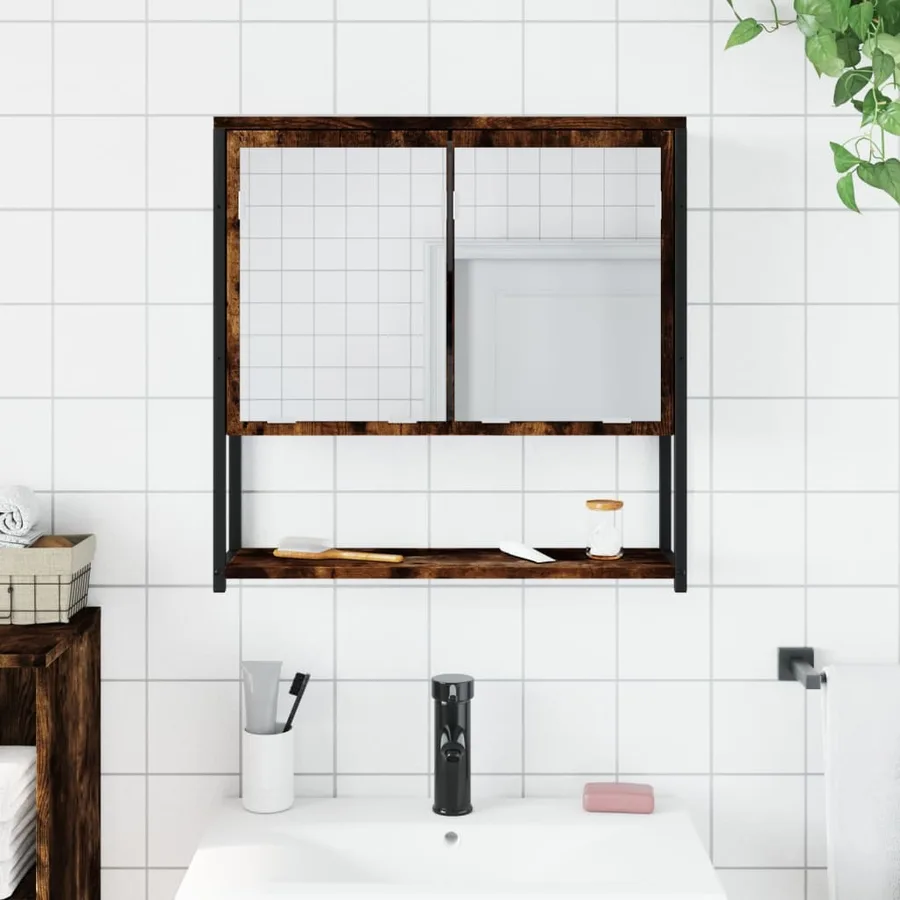 Armoire à miroir de salle de bain chêne fumé bois d’ingénierie - 3