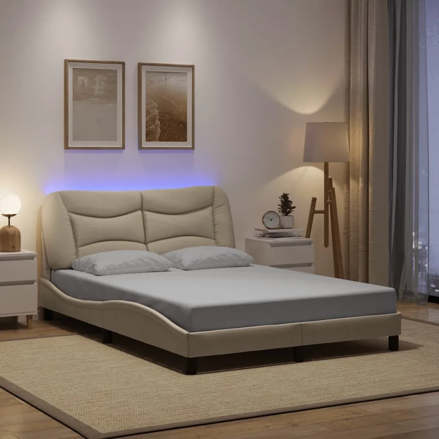 Cadre de lit avec LED sans matelas Hvar crème 140x200 cm tissu