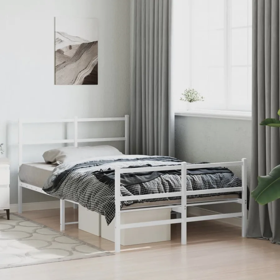 Cadre de lit métal sans matelas et pied de lit blanc 120x190 cm