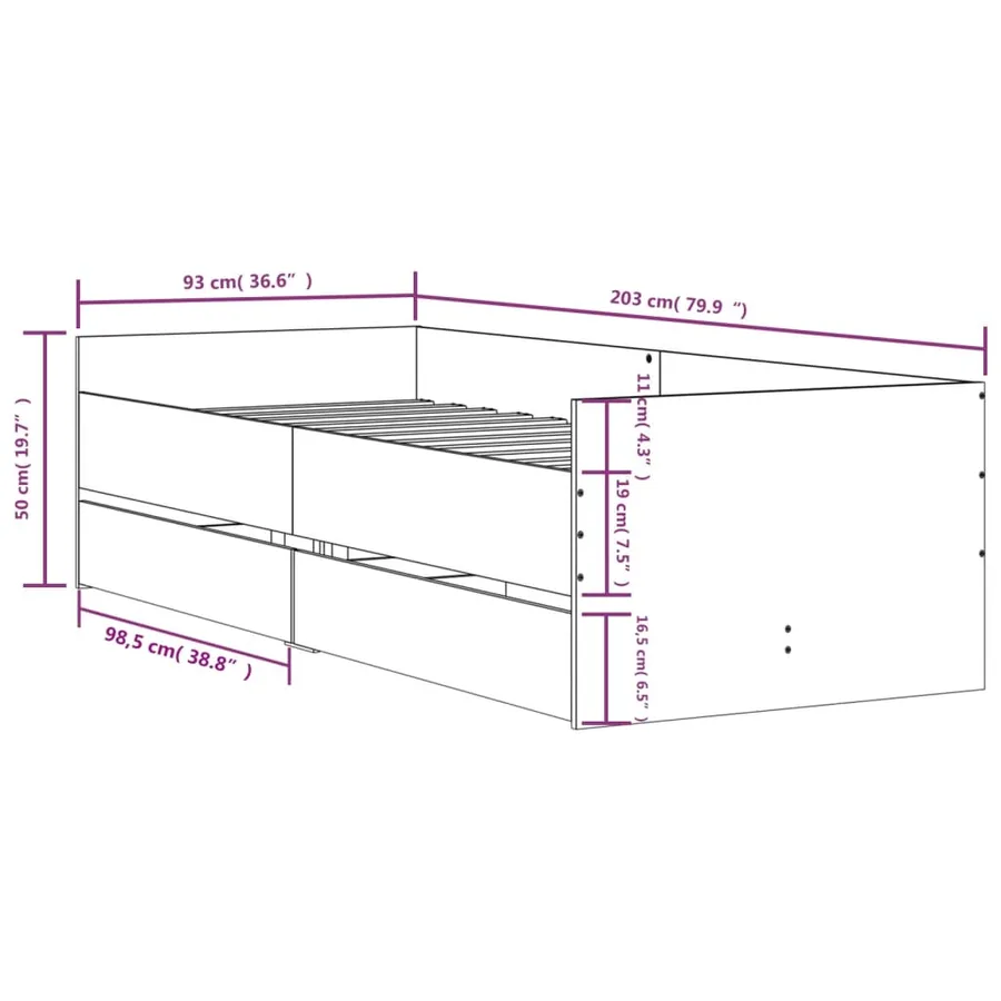 Cadre de lit avec tiroirs sans matelas chêne fumé 90x200 cm - 11