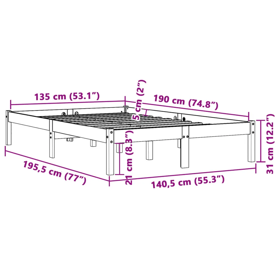 Cadre de lit sans matelas cire marron 135x190cm bois pin massif - 8