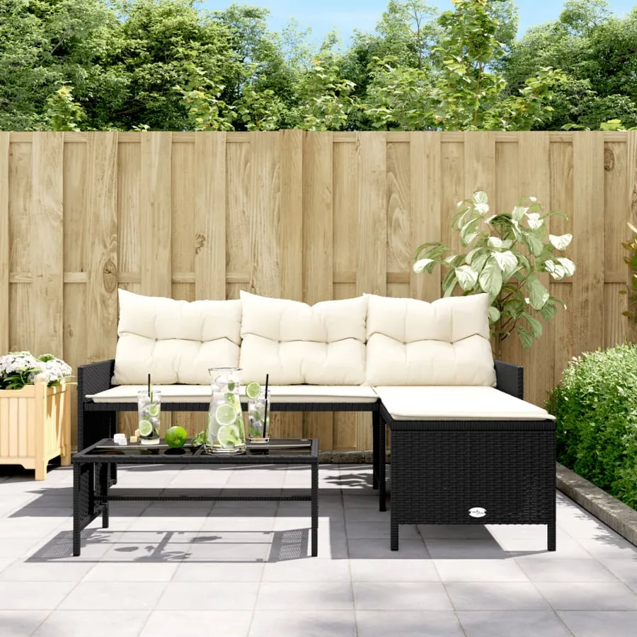Canapé de jardin avec table et coussins en forme de L noir - 3