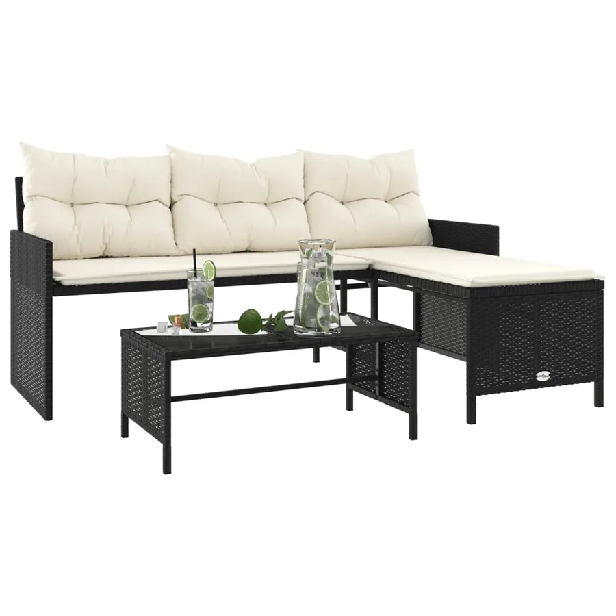 Canapé de jardin avec table et coussins en forme de L noir - 4