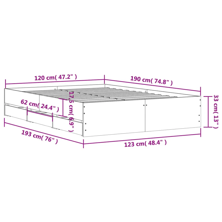 Cadre de lit avec tiroirs sans matelas gris béton 120x190 cm - 11