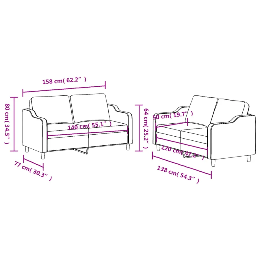 Ensemble de canapés 2 pcs avec coussins Rouge bordeaux Tissu - 6