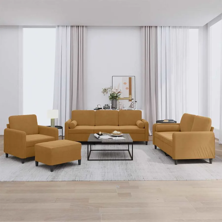 Ensemble de canapés 4 pcs avec coussins marron velours