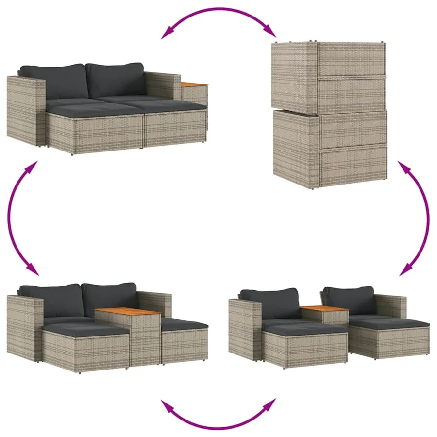 Salon de jardin 5 pcs avec coussins gris résine tressée acacia - 8