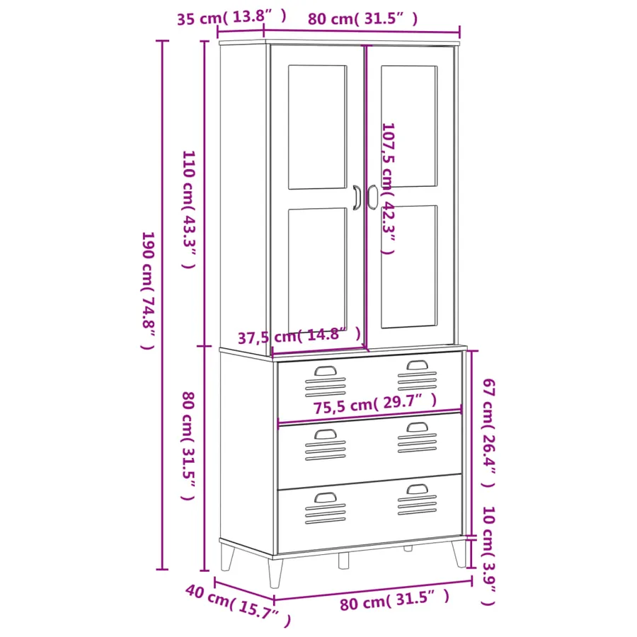 Buffet VIKEN blanc 80x40x190 cm bois massif de pin - 12