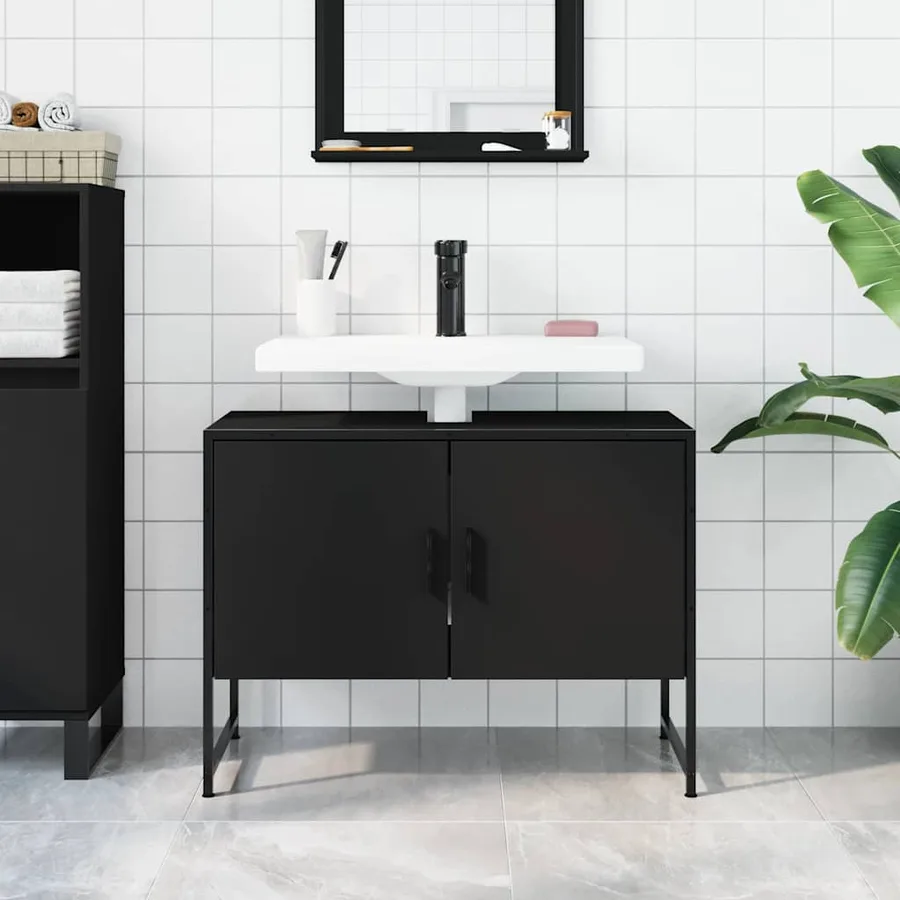 Armoire lavabo de salle de bain noir 80x33x60cm bois ingénierie - 3