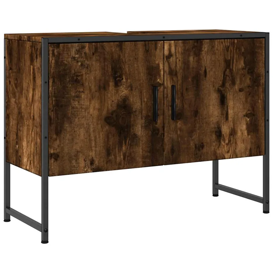 Armoire lavabo de salle de bain chêne fumé bois d'ingénierie - 2