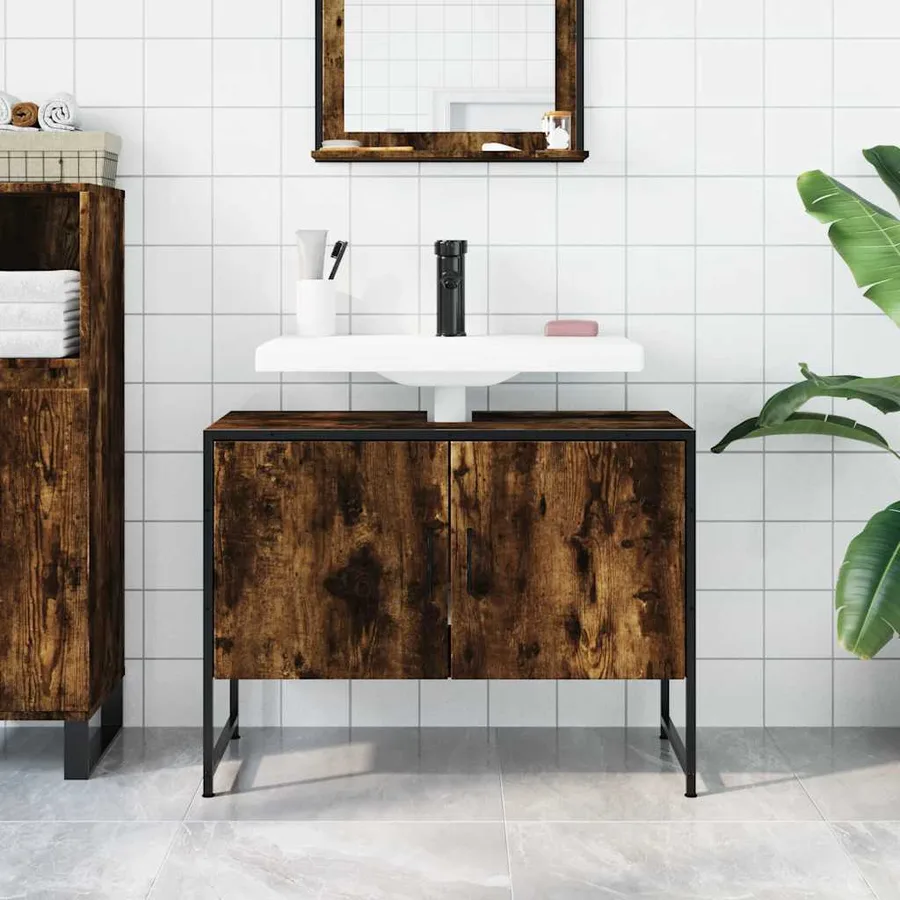 Armoire lavabo de salle de bain chêne fumé bois d'ingénierie - 3