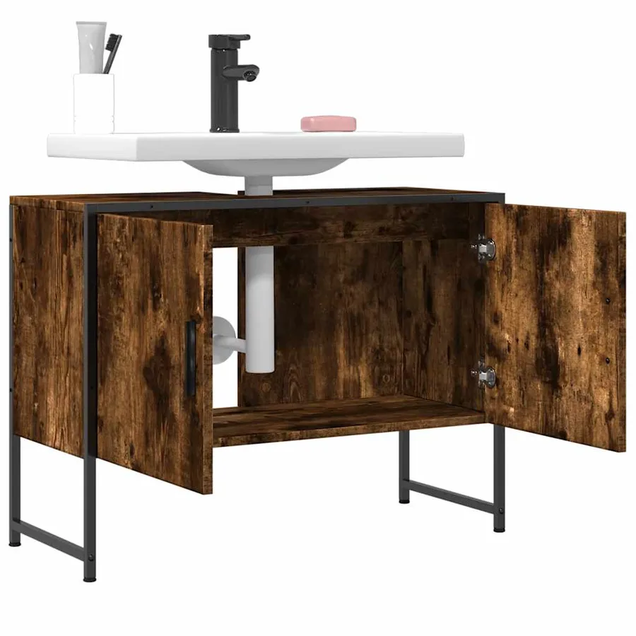 Armoire lavabo de salle de bain chêne fumé bois d'ingénierie - 9